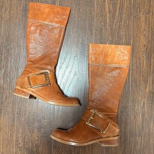 JESSICA SIMPSON BOMBER LEATHER SIDE ZIP LOW HEEL COGNAC GOLD BUCKLE BOOTS